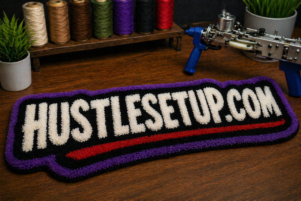 Turn Your Rug Hustle Into a Real Business (LLC, EIN, Banking & Selling) 2026 | Hustle Setup Custom tufted rug with HustleSetup.com design on a workspace table with tufting gun and yarn spools