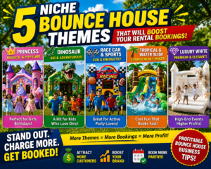 5 niche bounce house themes including princess dinosaur race car tropical water slide and luxury white inflatables designed to increase rental bookings boost profits and help grow a successful bounce house rental business with high demand themed party experiences