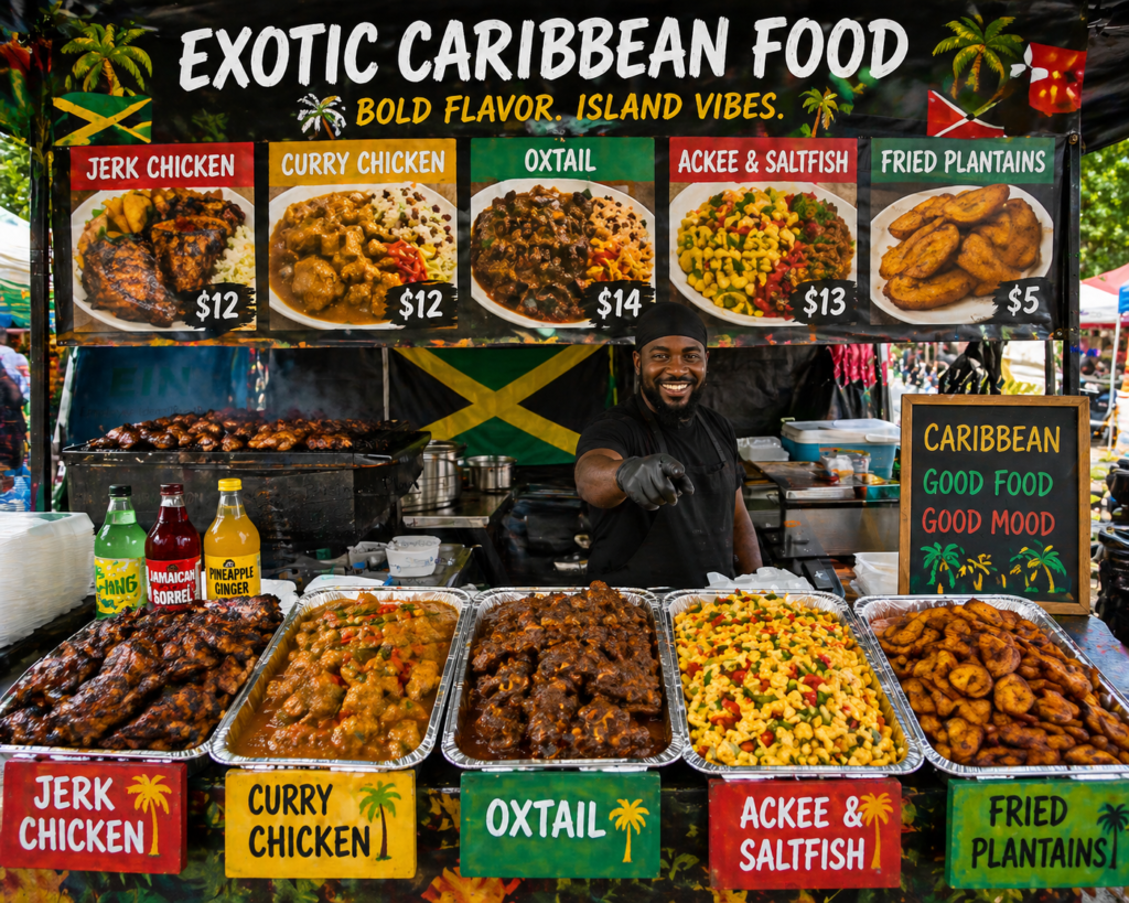 Caribbean street food stand with jerk chicken oxtail curry chicken rice and peas and fried plantains for sale