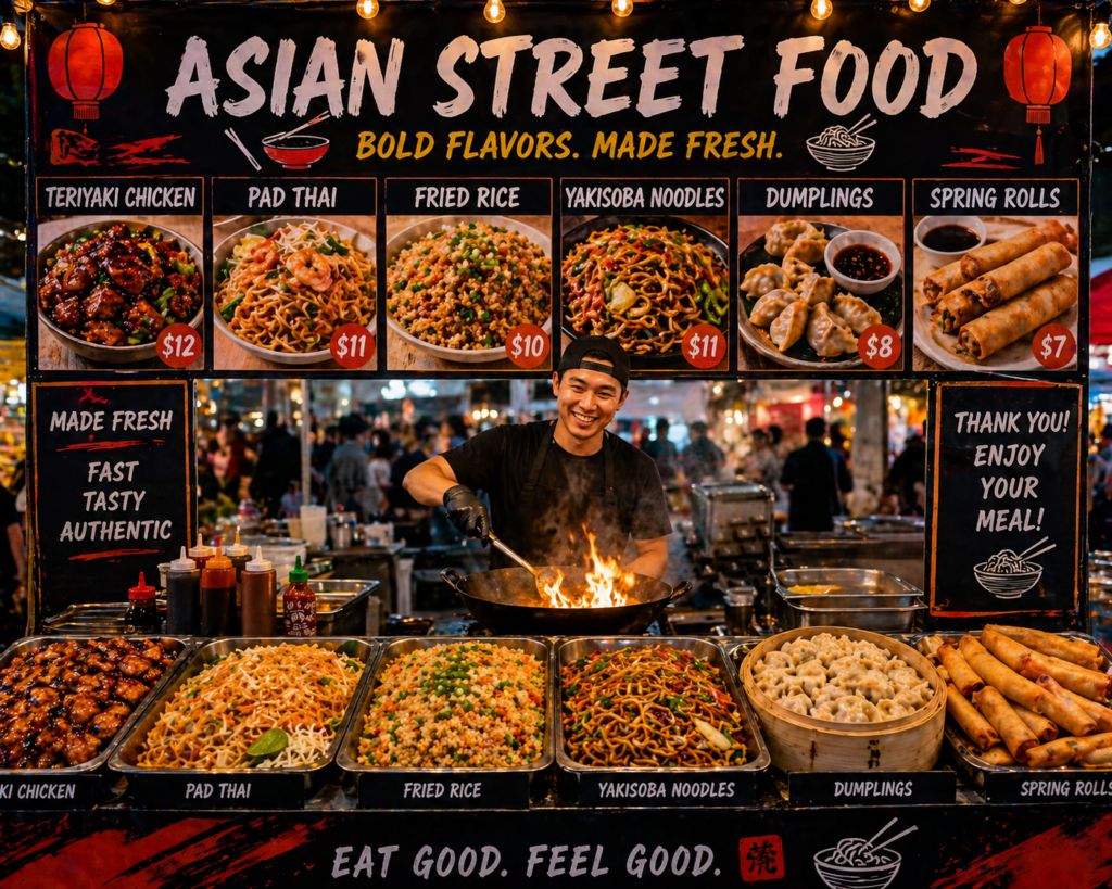 busy asian street food stand with fried rice pad thai noodles dumplings and spring rolls being cooked fresh