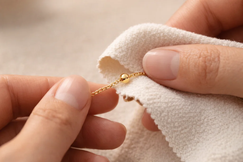 permanent jewelry aftercare cleaning gold chain close up