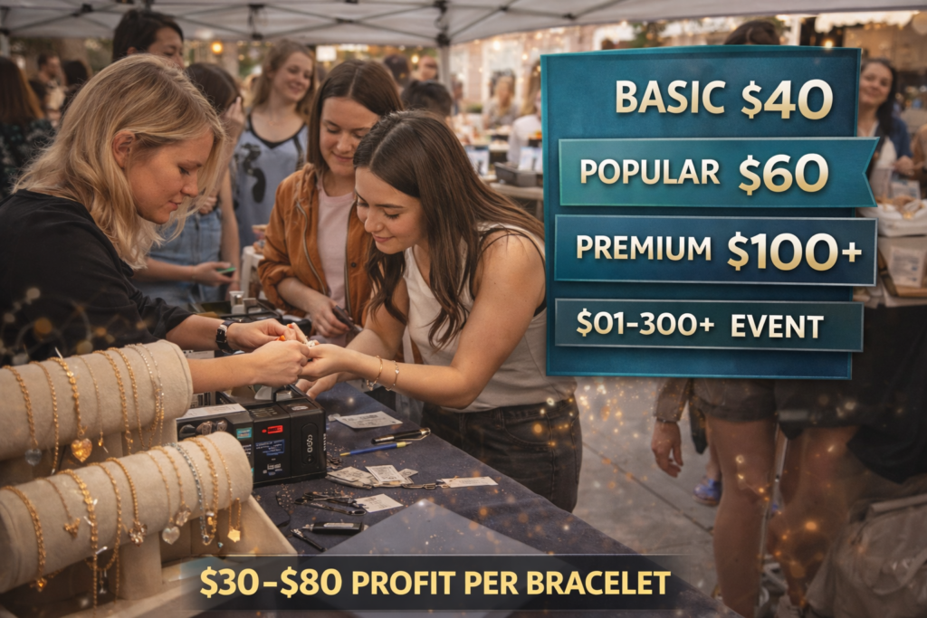 How Much Money Can You Make With Permanent Jewelry in 2026? | Hustle Setup permanent jewelry pop up event with customers getting bracelets and pricing display at booth