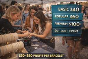 permanent jewelry pop up event with customers getting bracelets and pricing display at booth