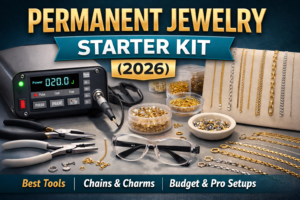 Best permanent jewelry starter kit for beginners showing welder tools, chains, and supplies needed to start a permanent jewelry business