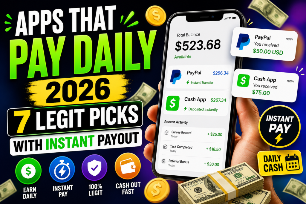 apps that pay daily 2026 showing instant payout earnings on phone with PayPal and Cash App daily cash apps