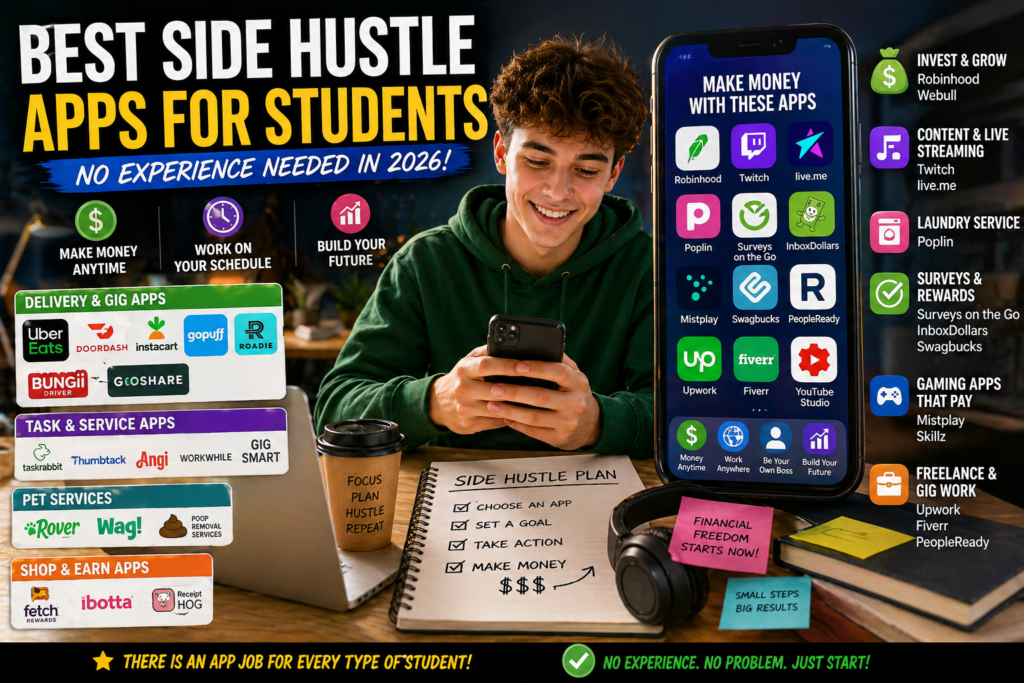 Best side hustle apps for students with no experience in 2026 including gig apps, survey apps, and money-making platforms