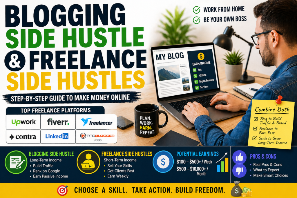 Current image: Blogging side hustle and freelance side hustles showing online writing design WordPress and remote work income ideas