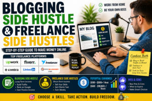 Blogging side hustle and freelance side hustles showing online writing design WordPress and remote work income ideas