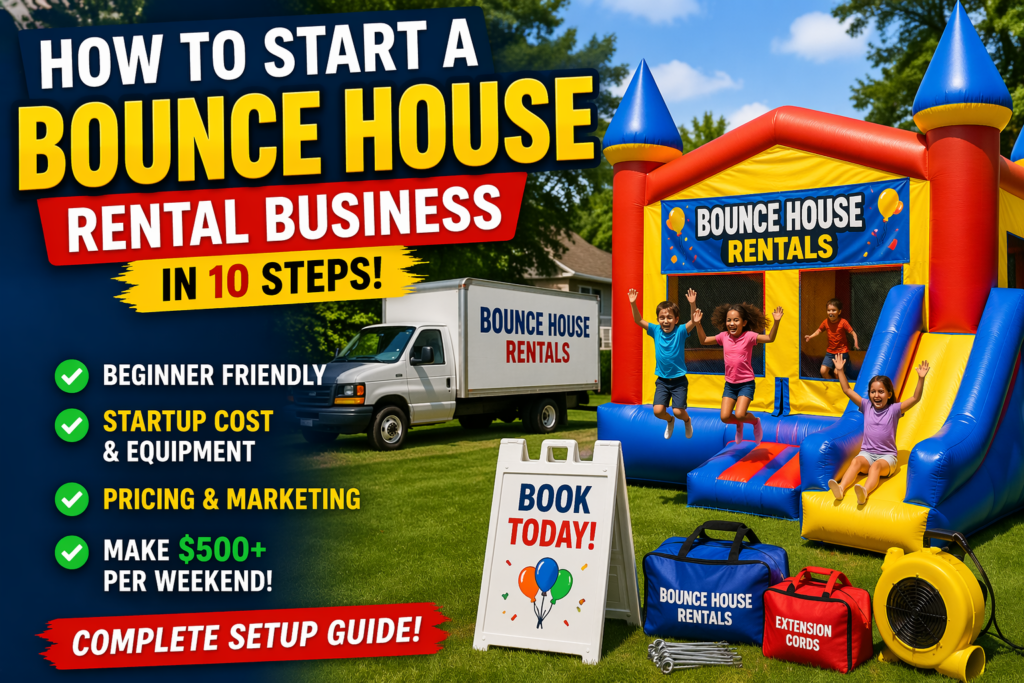 Current image: bounce house business setup backyard rental inflatable party setup