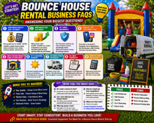 bounce house rental business faqs showing inflatable setup equipment marketing and startup tips for growing a profitable party rental business