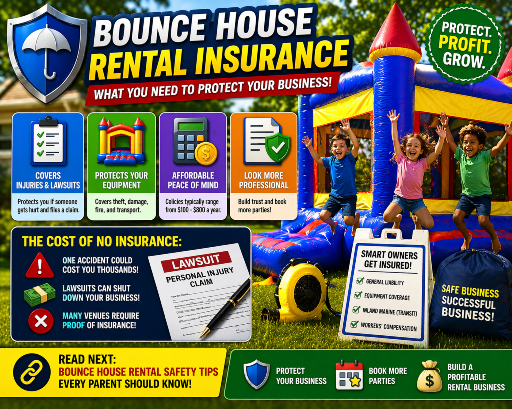 Current image: bounce house rental insurance infographic showing colorful inflatable setup with kids playing while highlighting liability coverage equipment protection affordable policies and business safety tips designed to help bounce house rental business owners protect their company increase trust and grow a profitable and secure party rental business