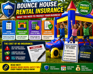 bounce house rental insurance infographic showing colorful inflatable setup with kids playing while highlighting liability coverage equipment protection affordable policies and business safety tips designed to help bounce house rental business owners protect their company increase trust and grow a profitable and secure party rental business