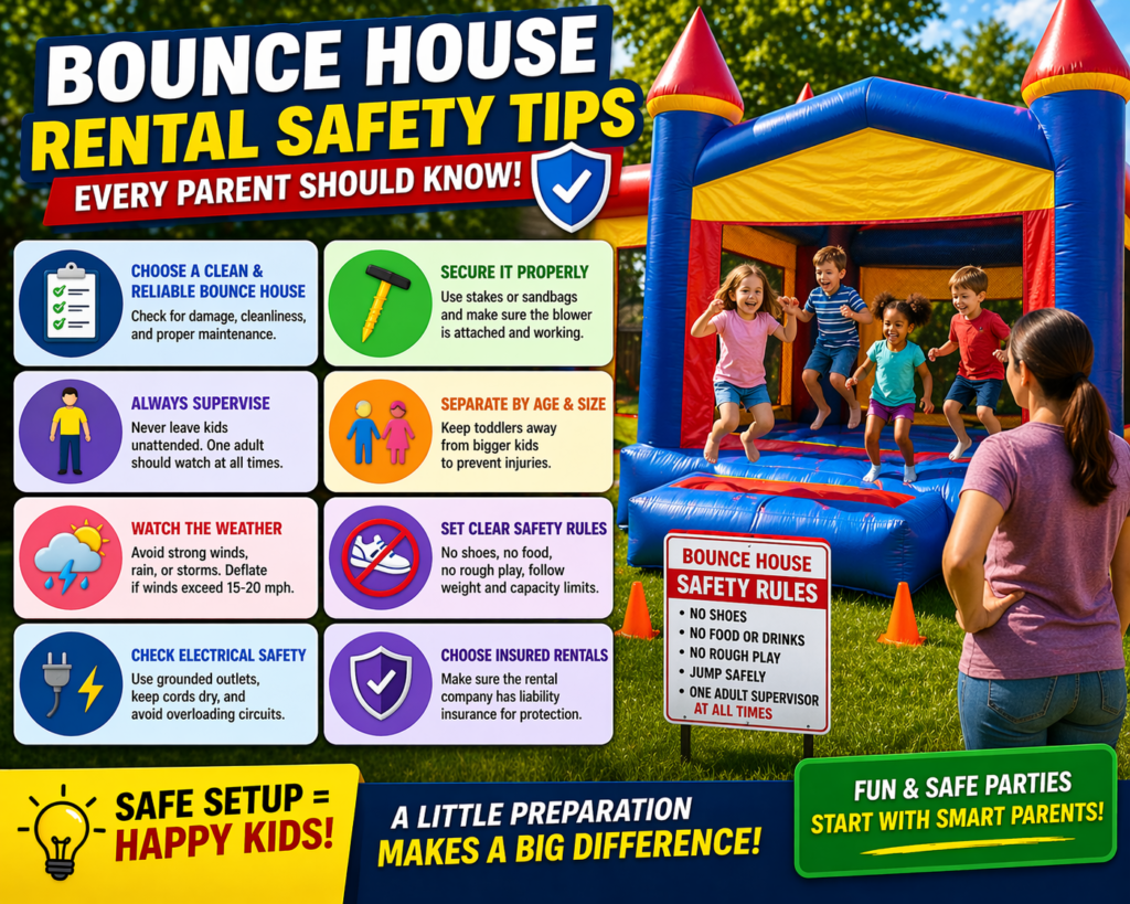 Current image: bounce house rental safety tips showing properly secured inflatable supervised kids and safe party setup for children