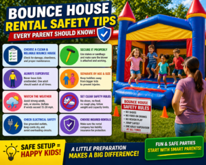 bounce house rental safety tips showing properly secured inflatable supervised kids and safe party setup for children