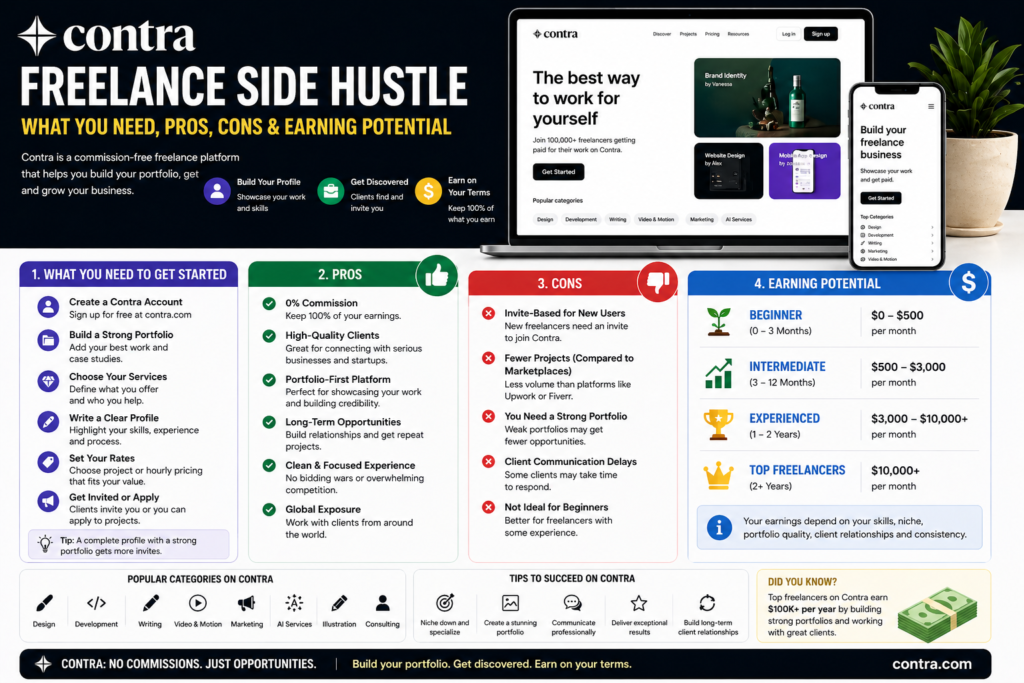 Contra freelance side hustle guide showing what you need pros cons and earning potential for building a portfolio and getting freelance clients online