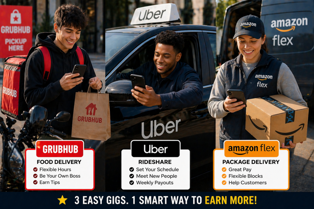 easy side hustles for students no experience needed gig apps like uber grubhub and amazon flex delivery drivers working