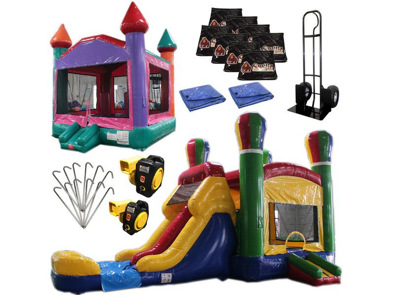 : bounce house rental equipment setup including inflatable blower cords stakes and transport tools for starting a profitable inflatable rental business