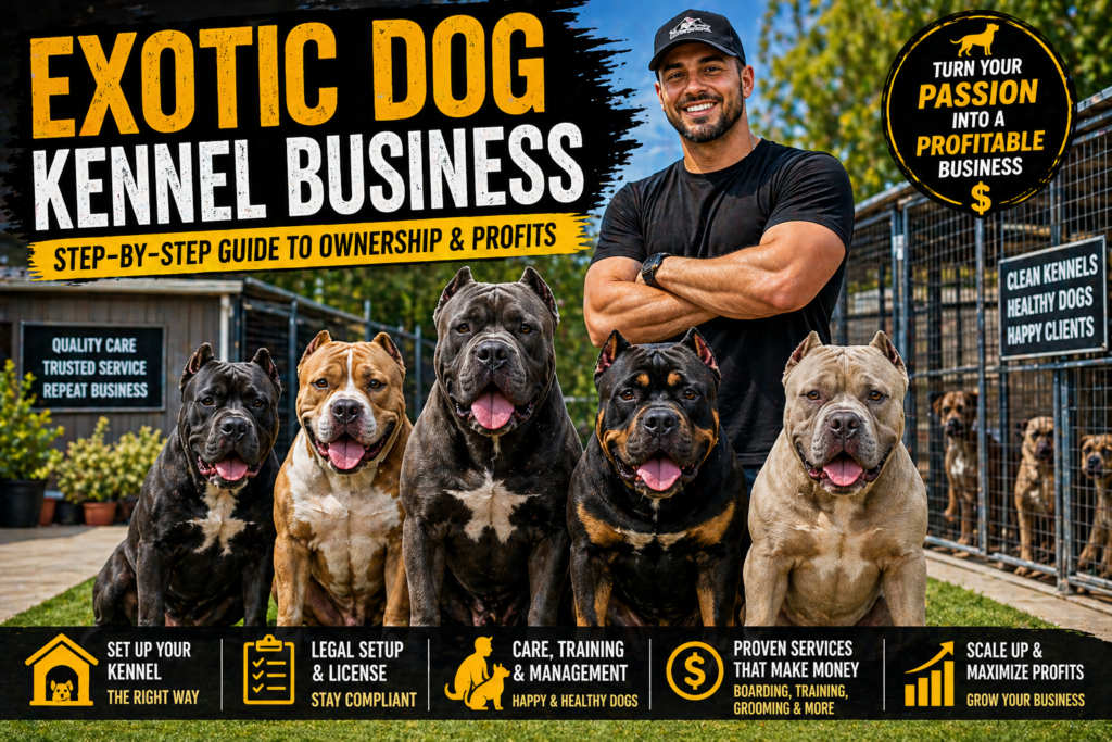 exotic dog kennel business featuring multiple dogs in a professional kennel setup for training boarding and care services
