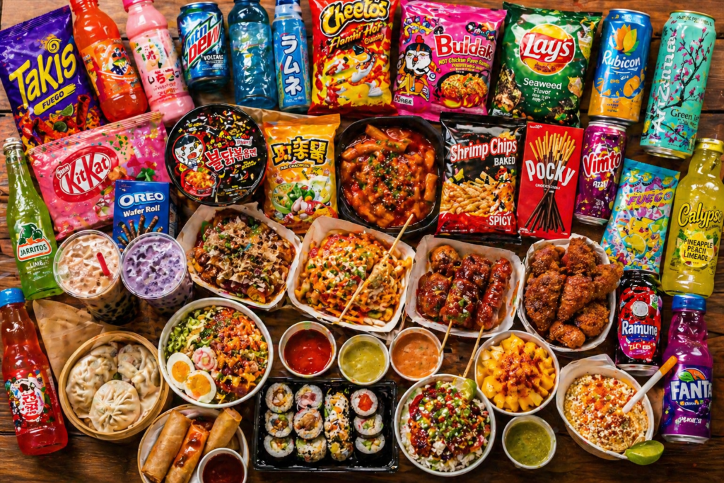 Exotic snacks drinks and international street food from around the world including ramen, sushi, tacos, bubble tea and imported chips