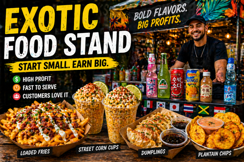 Current image: exotic street food stand with loaded fries elote cups dumplings plantain chips and international drinks display