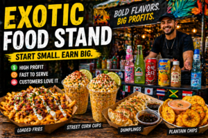 exotic street food stand with loaded fries elote cups dumplings plantain chips and international drinks display