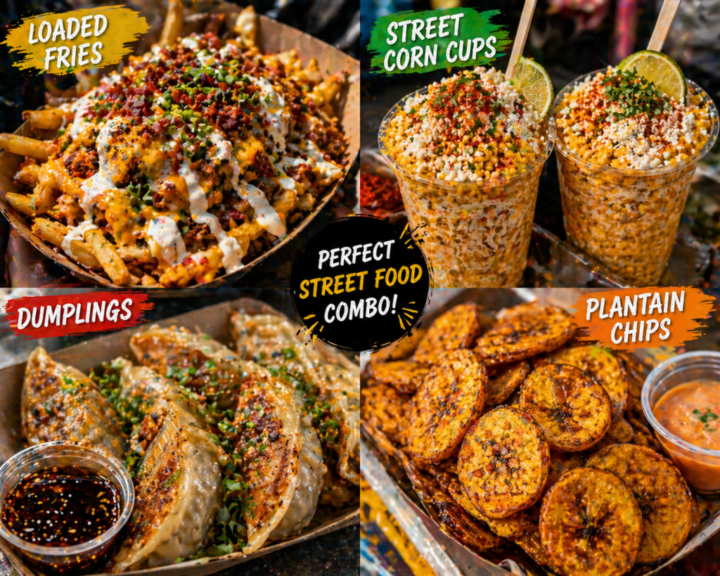 exotic food stand snack combo with loaded fries elote cups dumplings and fried plantain chips