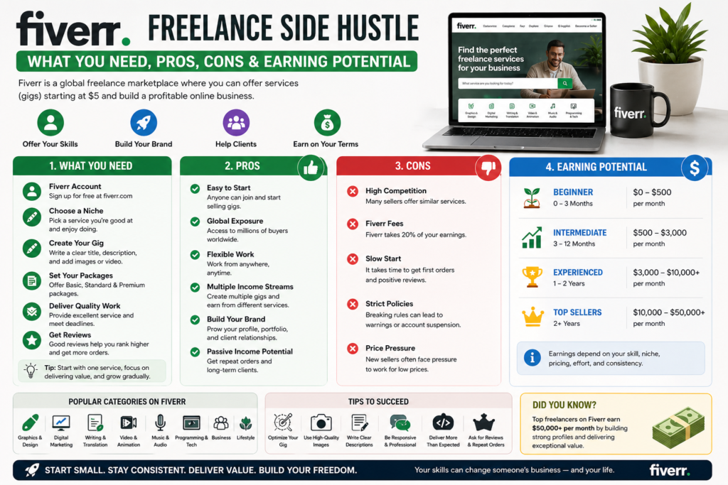 Fiverr freelance side hustle guide showing what you need pros cons and earning potential for selling services and making money online