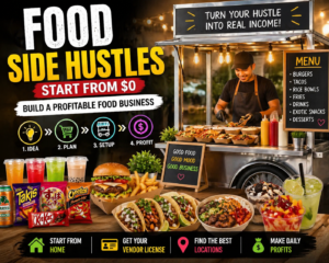 Blog | Hustle Setup Food side hustle setup showing homemade food, snacks, and drinks for starting a profitable food business from home