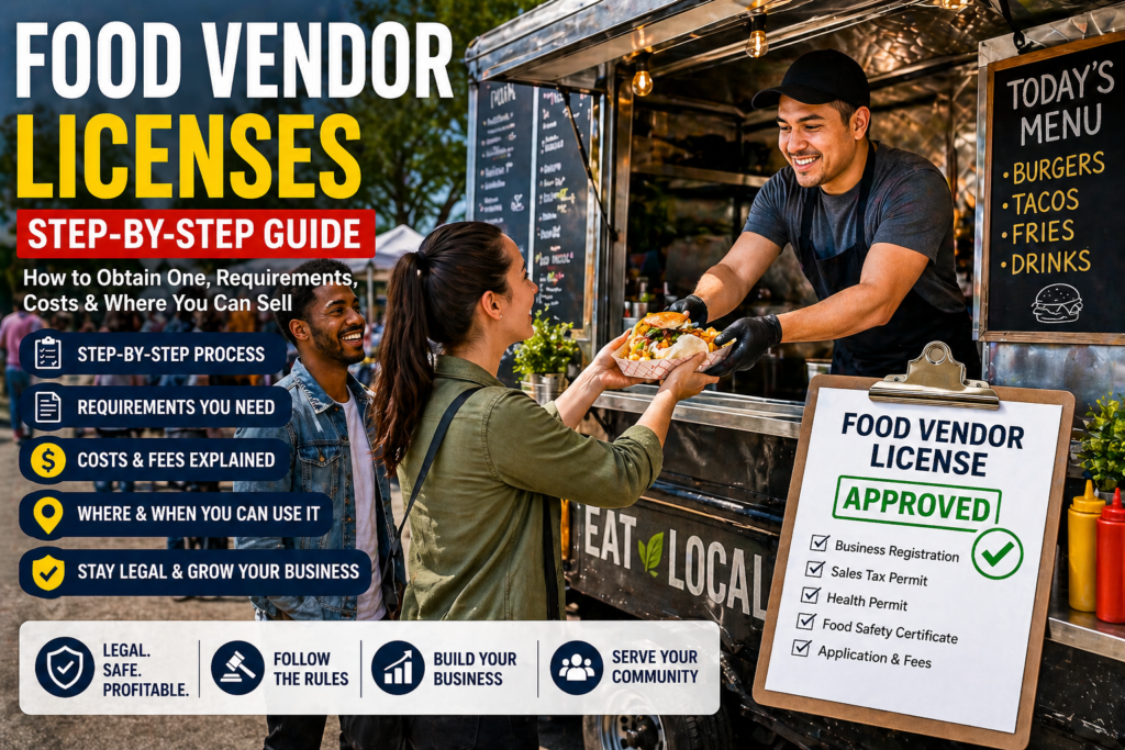 Food vendor serving customers at a food truck showing step-by-step food vendor licenses guide including requirements, permits, and how to start a food business