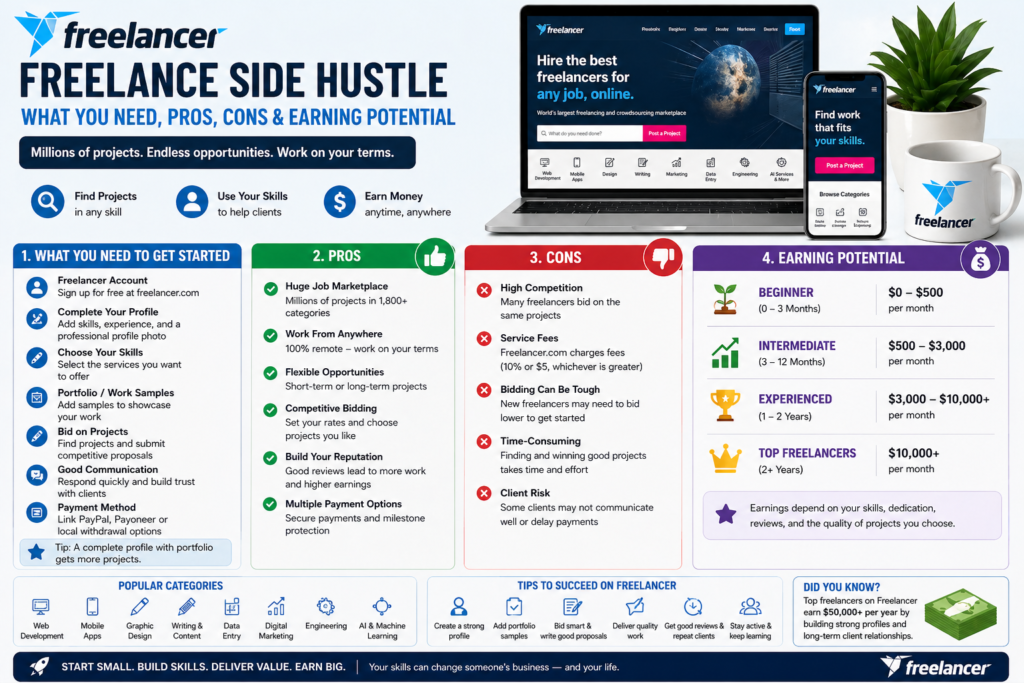 Freelancer freelancing side hustle guide showing what you need pros cons and earning potential for finding freelance jobs and making money online