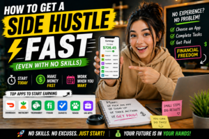 Blog | Hustle Setup Female student using phone apps to start a side hustle fast with no experience and make money online in 2026