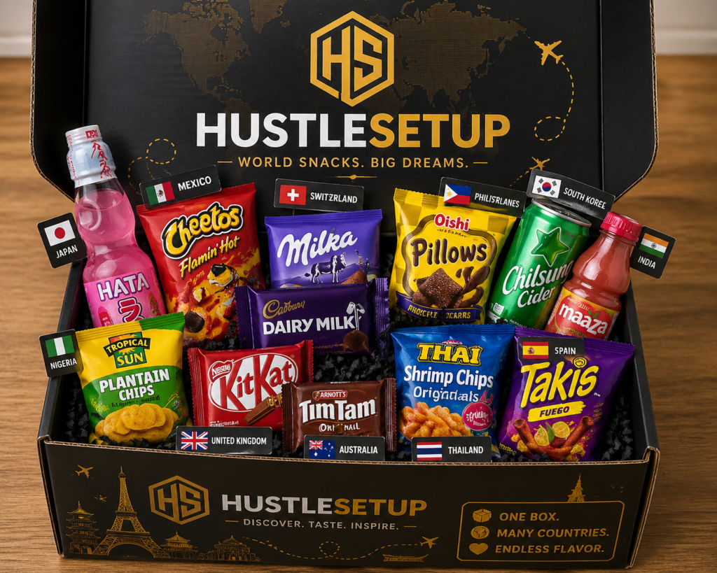 HustleSetup exotic snack box with international snacks and drinks from different countries including Japan, Mexico, Korea, and Thailand Exotic Snack Business 