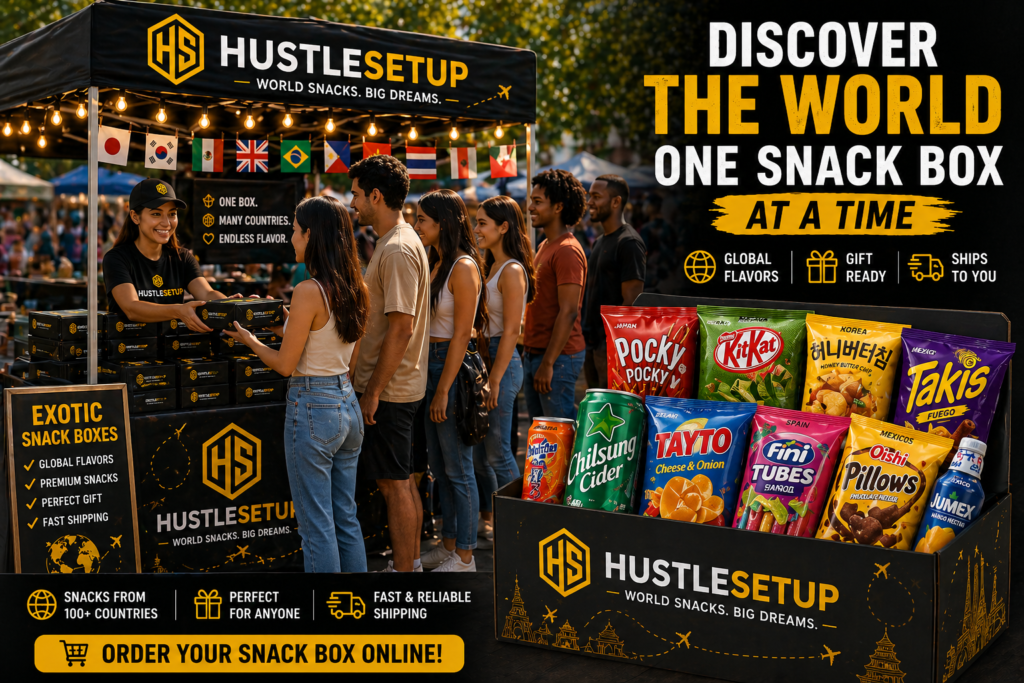 people lined up at snack vendor stand buying exotic snack boxes with international snacks and drinks from different countries