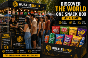 Blog | Hustle Setup people lined up at snack vendor stand buying exotic snack boxes with international snacks and drinks from different countries
