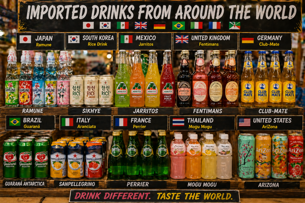 international imported drinks display with beverages from Japan Mexico UK and other countries for sale