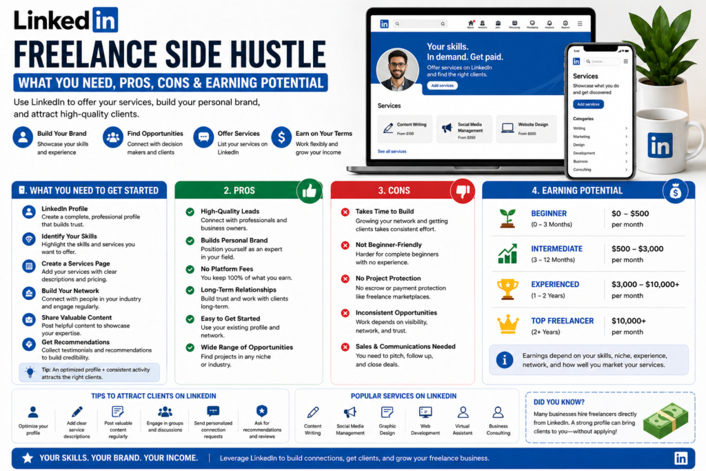 LinkedIn freelance side hustle guide showing what you need pros cons and earning potential for getting clients and offering services online