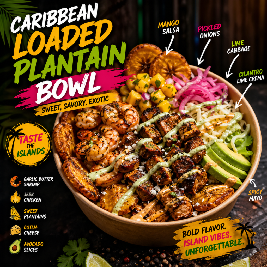 Caribbean loaded plantain bowl with shrimp, jerk chicken, mango salsa, avocado, pickled onions, and cilantro lime sauce in a colorful street food vendor style presentation
