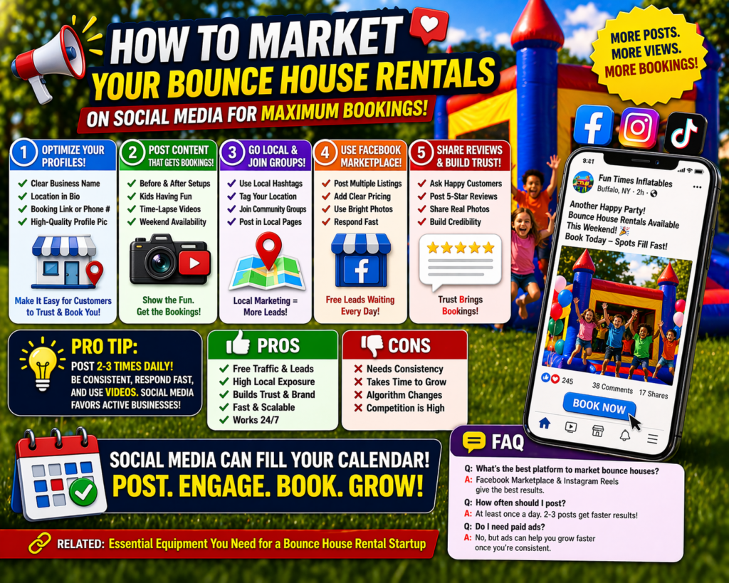 bounce house rental marketing on social media showing colorful inflatable setup video content and local promotion strategy to increase bookings and grow rental business