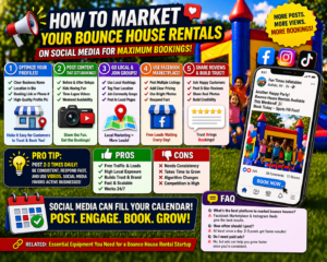 bounce house rental marketing on social media showing colorful inflatable setup video content and local promotion strategy to increase bookings and grow rental business
