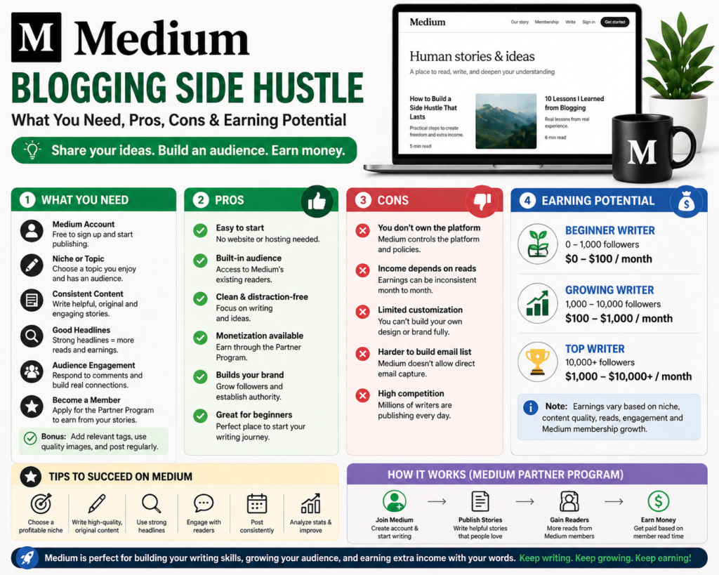 Medium blogging side hustle guide showing what you need pros cons and earning potential for writing online and making money with Medium Partner Program