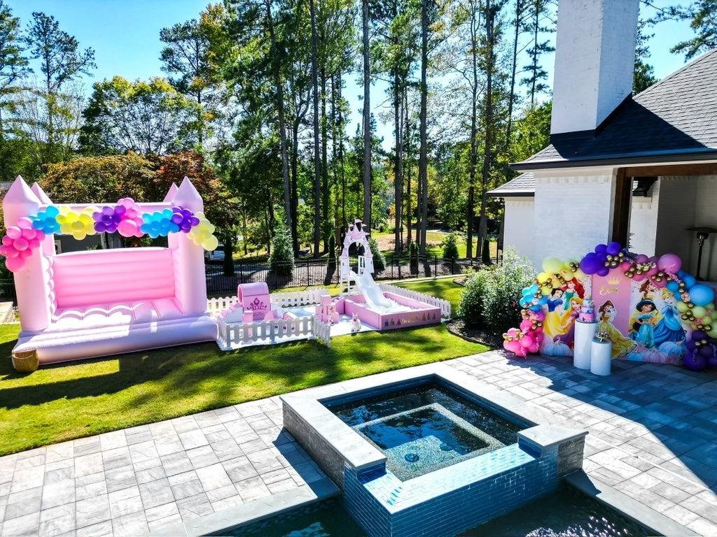 themed bounce house rentals including princess dinosaur and luxury inflatable setups for party business