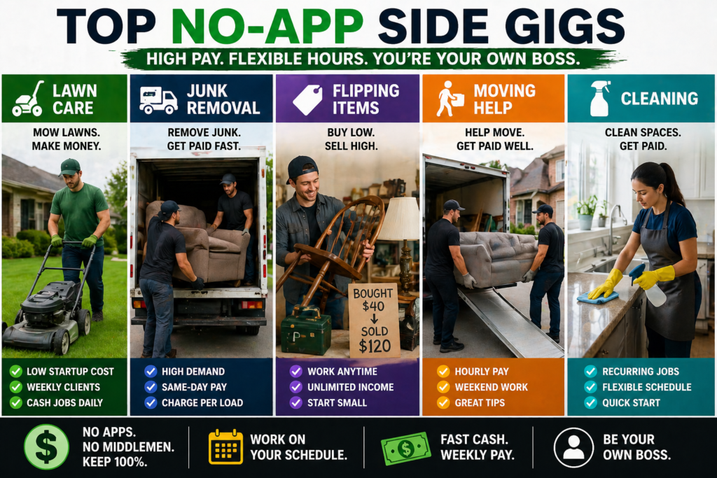 No app side gigs including lawn care junk removal flipping items moving help and cleaning services for flexible income