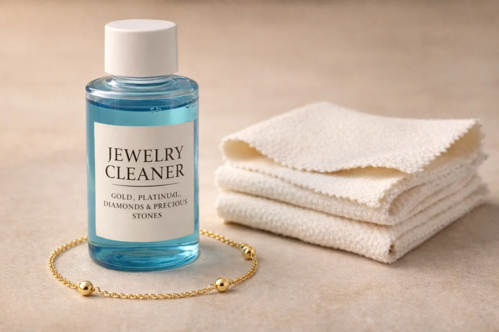 permanent jewelry cleaners solution with microfiber cloth and gold chain