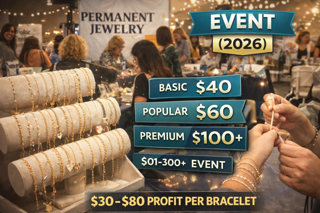permanent jewelry event setup showing bracelet pricing tiers and customers at a jewelry booth