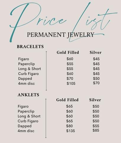 Permanent jewelry pricing chart showing bracelet anklet and necklace prices with profit margins