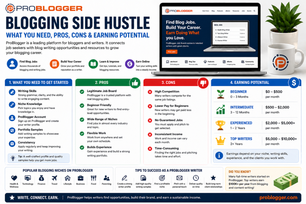 ProBlogger blogging side hustle guide showing what you need pros cons and earning potential for freelance writing and blog jobs online