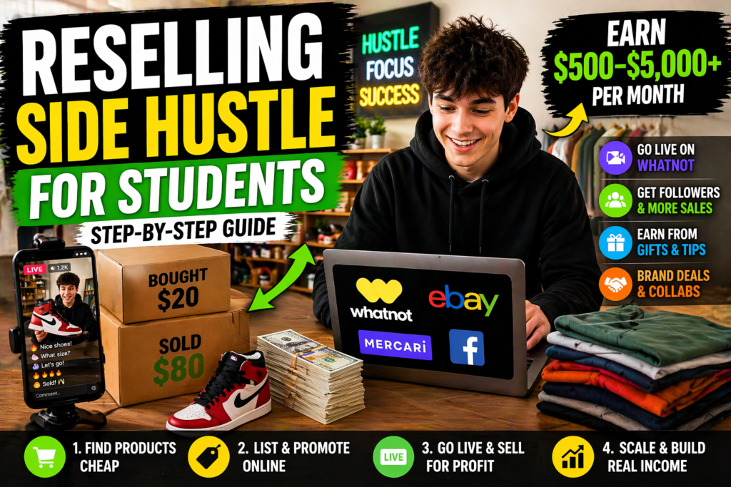 Current image: reselling side hustle for students selling products on whatnot and ebay live streaming flipping items for profit online