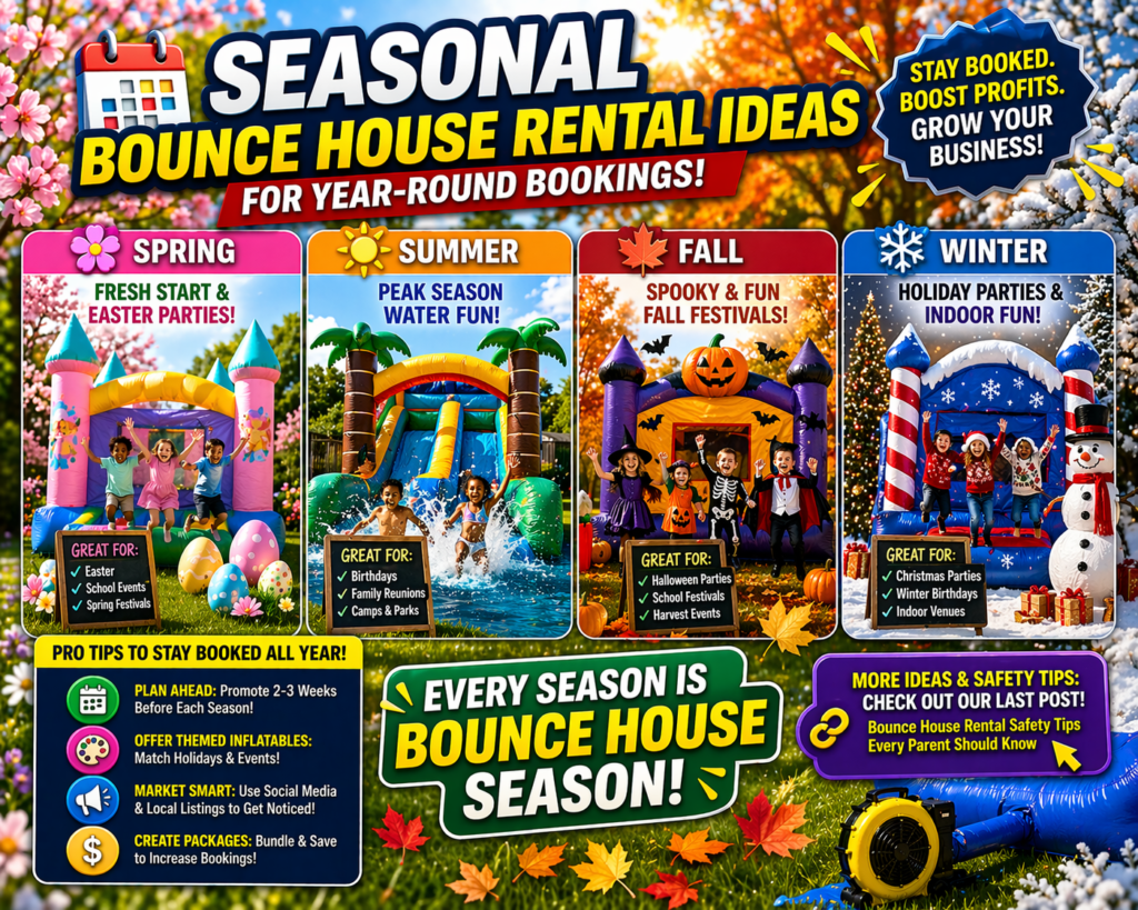 seasonal bounce house rental ideas showing spring summer fall and winter themed inflatables for year round party rental business bookings