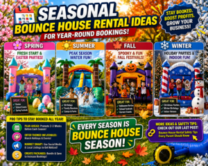 seasonal bounce house rental ideas showing spring summer fall and winter themed inflatables for year round party rental business bookings