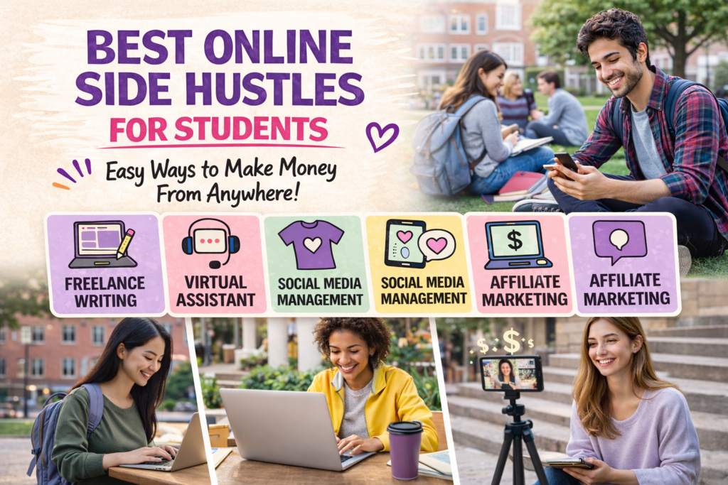 side hustle for students showing laptop online work reselling and flexible income ideas for students making money while in school